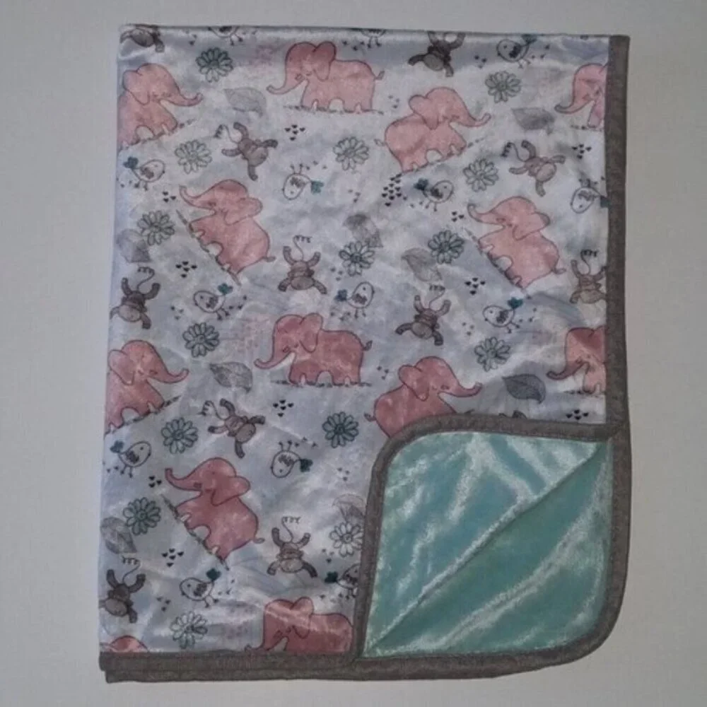 RN 119741 Elephant Monkey Bird Baby Blanket Lovey Pink Gray Greenish